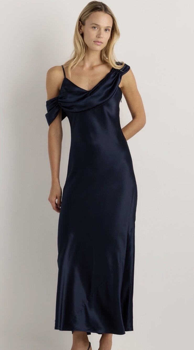 Quince Women 100% Washable Silk Draped Shoulder Maxi Basic Dress •S• Blue $150